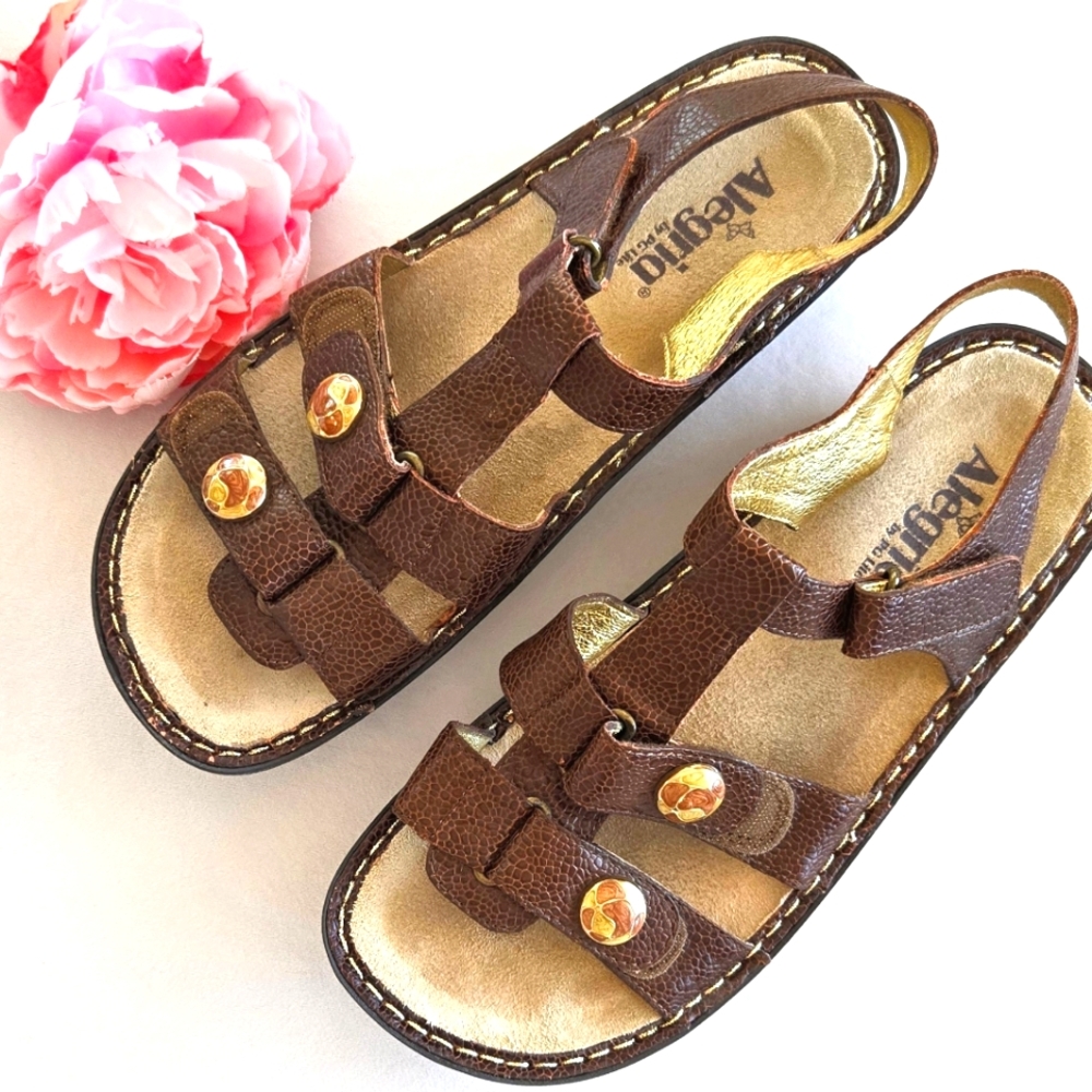 Alegria Brown Leather Slingback Sandals with Gold Buttons